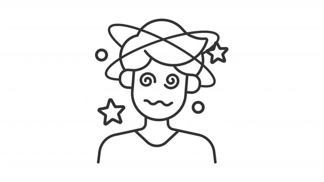 Dizziness icon animation. Animated line man with stars spinning over his head. Confused person. Heat stroke. Loop HD video with alpha channel, transparent background. Outline motion graphic