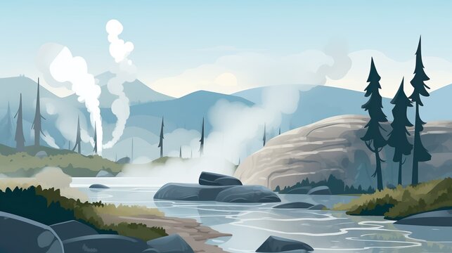 Background geysers. An illustration that evokes a sense of wonder and curiosity and highlights magical geysers against a breathtaking background. Generative AI.