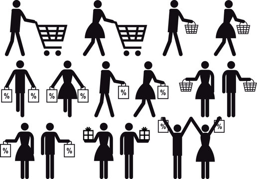 people with shopping cart and bag, vector icon set