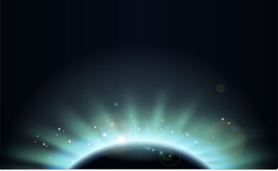 Background of aurora light of the sun rising over a planet in darkness with stars