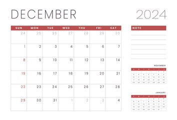 Monthly Calendar Template of december 2024. Vector layout of a wall or desk simple calendar with week start sunday