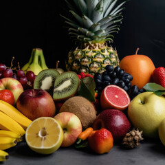 The combination of fresh fruit on the background of the wooden table