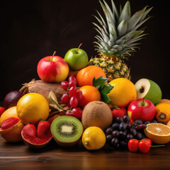 The combination of fresh fruit on the background of the wooden table