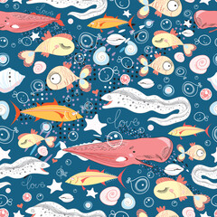 seamless pattern of different fish on a dark blue background