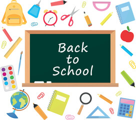 Blackboard with chalk and school supplies school vector illustration