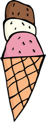 Three different scoops of ice cream in cone over white