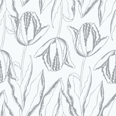 Seamless vector pattern with curl hand-drawn tulips