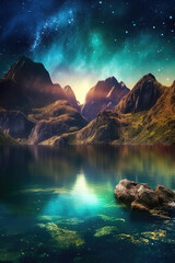 In the background of the starry sky, the natural landscape of mountains and water