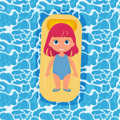 Top view of a cute little girl floating on an air mattress on the sea. vector illustration. summer holidays	