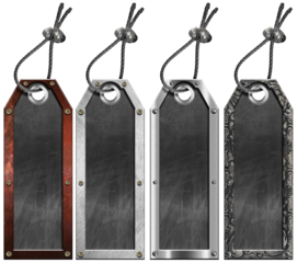 Collection of labels with metal frame, blank blackboard with copy space and steel cable for hanging. Isolated on white or transparent background. 3D illustration and photography. Png.