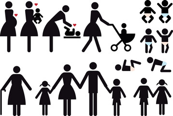 mother with baby and children, vector people icon set