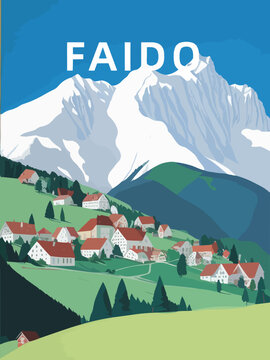 Faido: Retro tourism poster with a Swiss landscape and the headline Faido in Ticino