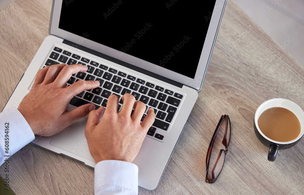 Poster hands, keyboard and person typing on a laptop in the morning with coffee on a desk writing a proposa