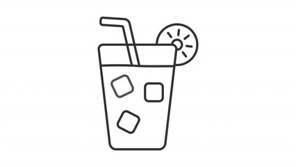 Animated lemonade glass line icon. Ice cubes falling animation. Summer refreshment. Cold drink. Thirst quench. Loop HD video with alpha channel, transparent background. Outline motion graphic