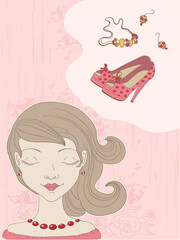 vector hand drawn pink  background with girl