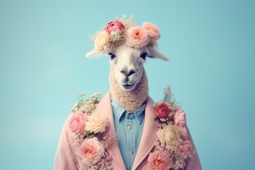 Cute lama in pink jacket with bouquet of flowers on blue background. Creative concept. Generative AI