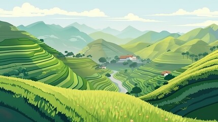 Background green rise terrace. The illustration is designed in a banner style and includes a breathtaking green rice terrace as a background. Generative AI.