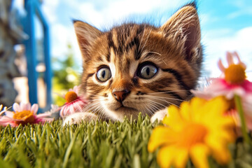 Naklejka premium Cute pet cat on outdoor grassland
