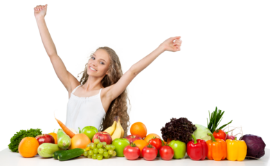 Portrait of a Happy Young Woman with Vegetables and Fruits