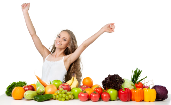Portrait of a Happy Young Woman with Vegetables and Fruits - Powered by Adobe