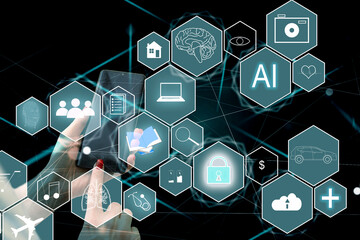 Artificial intelligence service business web computing IoT integration concept. AI gear icon on display smartphone. Smart house big data unmanned management process, development engineering technology