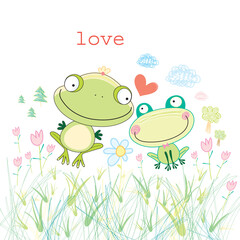 loving frogs on bright white background with grass and trees