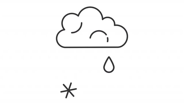 Animated wet snow line icon. Drops and snowflakes falling from cloud animation. Weather condition. Season change. Loop HD video with alpha channel, transparent background. Outline motion graphic
