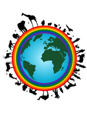 Illustration of earth with rainbow, people and animals silhouettes