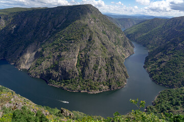 Aerial view of Canyons of the Sil river in the Ribeira Sacra zone of Galicia in springtime since Vilouxe viewpoint. Ourense, Spain.