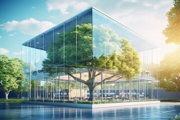 Sustainable green building. Eco-friendly building. Generative AI