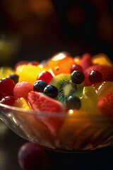 Delicious fresh fruits salad closeup. Created with Generative AI technology.