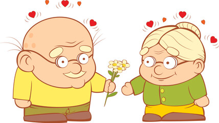 Grandpa gives flowers to my grandmother. Sweetheart vector illustration.
