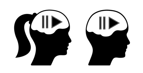 Man, woman head profile illustration with play, pause buttons. Business concept illustration to use in brainstorming, intelligence and psychology concept projects.