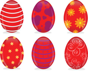 Red shiny Easter eggs with colorful ornaments