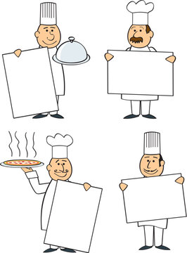 Four different chefs holding blank signs.