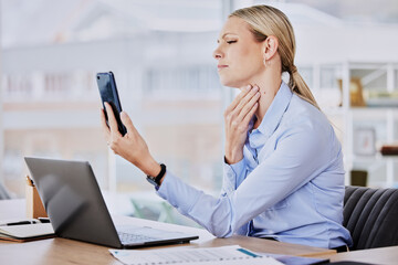 Business woman phone, throat pain and sick employee in a office on a video call with online doctor. Worker, female person and virus problem at a company with mobile consultation checking neck