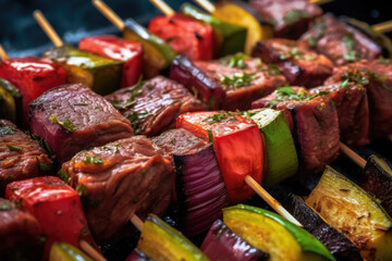 Grilled vegetable kebabs on skewers with tomato, pepper, mushrooms,zucchini and onion.Diet barbecue.Vegan skewers