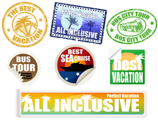 Naklejka premium Set of vacation labels and stamps, on white background, vector illustration