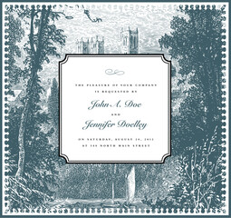 Vector Vintage Landscape Background and Ornate Frame. Easy to edit. Perfect for invitations or announcements.
