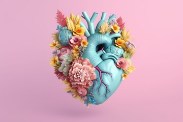 World Heart Day concept. Anatomical heart decorated with flowers on pink background. Creative concept. Generative AI. - obrazy, fototapety, plakaty