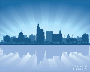 Jackson, Mississippi skyline illustration with reflection in water