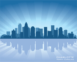 Charlotte, North Carolina skyline illustration with reflection in water