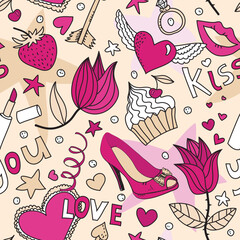 seamless pattern with flowers, cakes,  shoes, lipstick, strawberry and other things