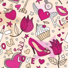 Fototapeten seamless pattern with flowers, cakes,  shoes, lipstick, strawberry and other things © Designpics
