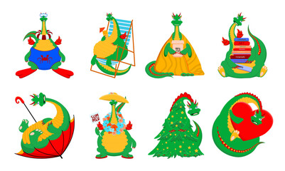 Naklejka premium Fantasy cartoon dragon characters. Year of the green dragon 2024
