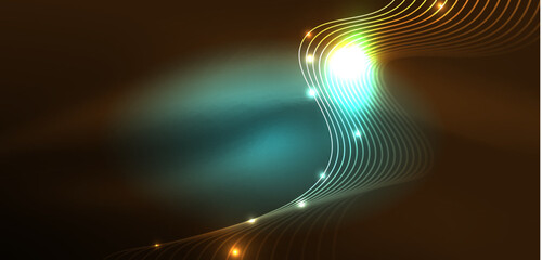 Shiny glowing neon wave. Neon light or laser show, electric impulse, power lines, techno quantum energy impulse, magic glowing dynamic lines