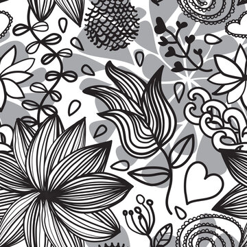 Seamless black and white floral pattern with drops and design elements