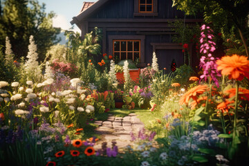 Fototapeta na wymiar home garden full of flowers. Gardening. Ai Generative