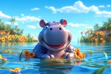 a cute adorable  baby hippo resting in river on a sunny day rendered in the style of children-friendly cartoon animation fantasy style 3D style Illustration created by AI