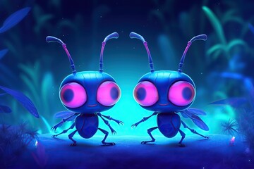 a cute adorable two baby ants character stands in nature by night with neon violet yellow light in the style of children-friendly cartoon animation fantasy 3D style Illustration  created by AI
